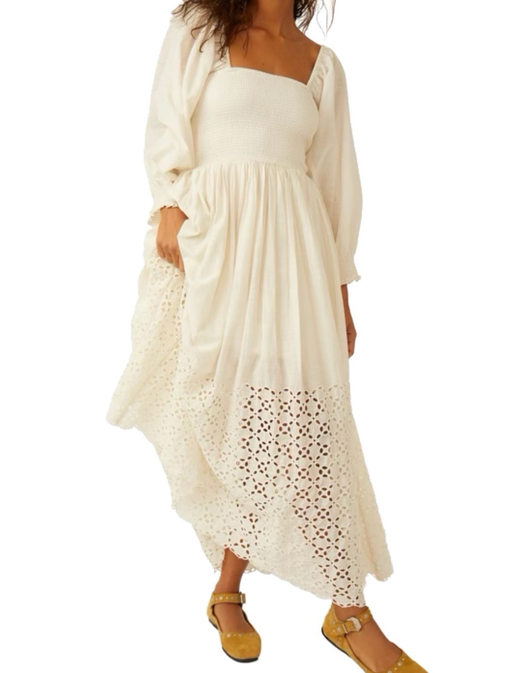 Free People Perfect storm smocked eyelet long sleeve maxi dress, tea